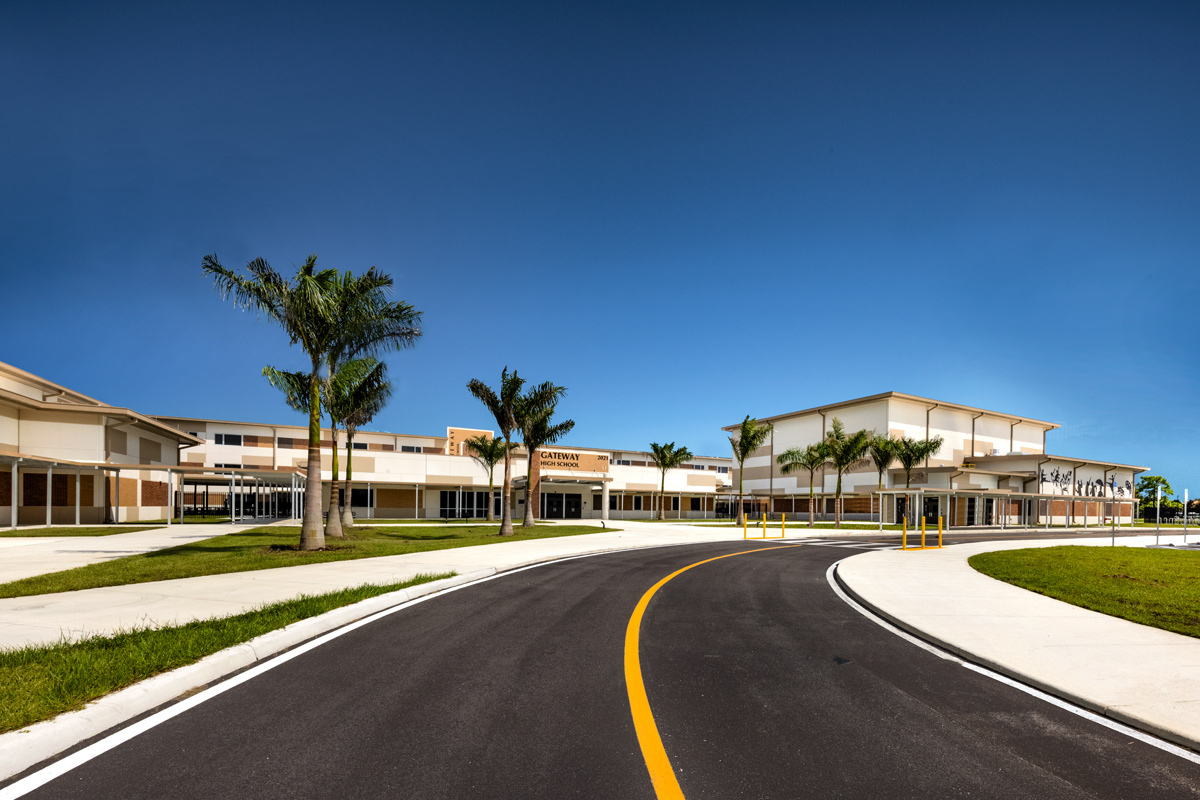 Architectural view of the Gateway High School entrance in Fort Myers, FL.